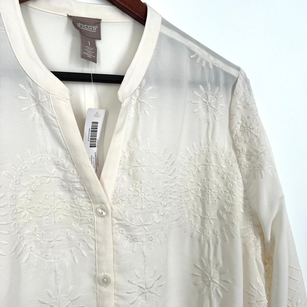 NEW NWT Chicos Embroidered White Long Sleeve Blouse Shirt Top Slightly Sheer - Picture 4 of 11